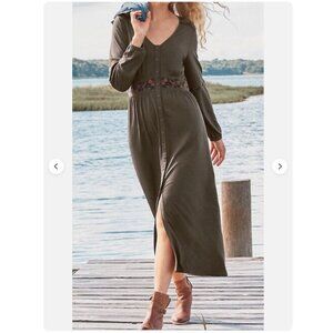 GARNET HILL Midi Dress Embroidered Empire Organic Cotton Jersey Peat Green sz L